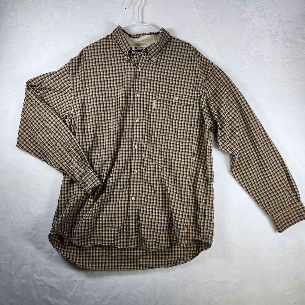 Columbia Men's XL Plaid Button Up Shirt Long Sleeve Casual Outdoor Brown Tan